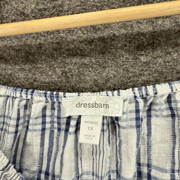 Dressbarn Blouse Women 1X Plus Blue Plaid Short Sleeve Ruffle Cotton Casual - Picture 5 of 7